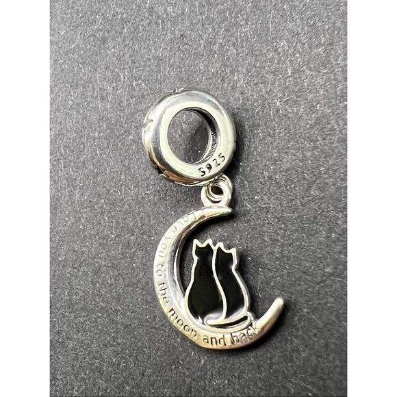 Sterling Silver Cubic Zirconia Black Cat I Love You To The Moon And Back Charm - Picture 4 of 6